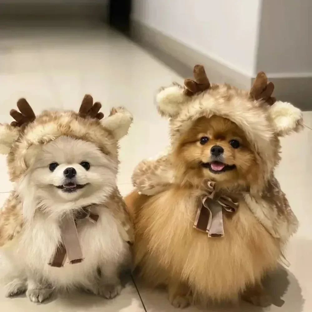 Christmas Pet Costume Elk Cape Warm Clothes Cute Dog Cloak For Festival Party Dress Up Apparel Cats And Dogs Festival Costumes