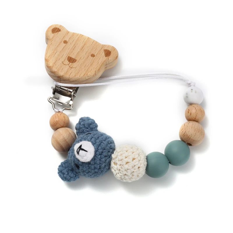 Baby Beech Wood Pacifier Clip Cartoon Animal Crochet Beads Silicone Nipple Chain For Teether Nursing Toys Baby Pacifier Chain 6