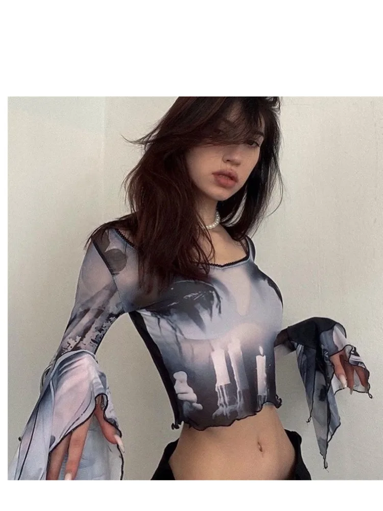 

GIRL Sexy Tie Dye Printed T-shirt Long Flare Sleeve Fashion Crop Top Mesh See Through Elegant Pullover Vintage Streetwear New