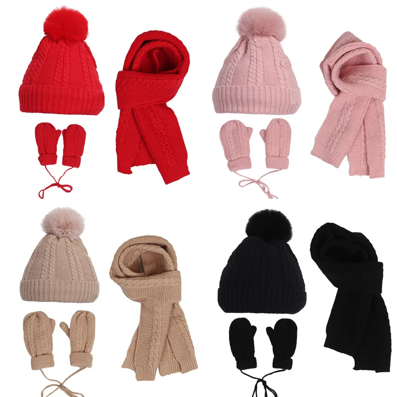 Winter Baby Hat Scarf Gloves Sets for Boys Solid Color Knitted Hats Autumn Solid Color Kids Mittens Baby Warm Accessories New