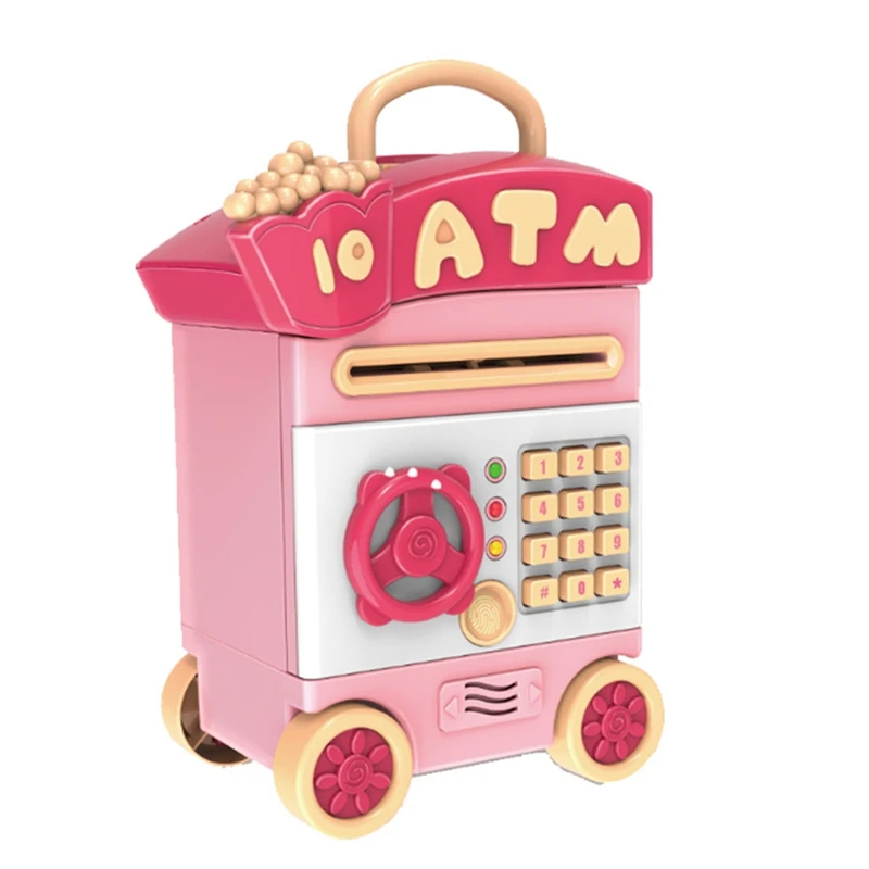Piggy Bank,Simulate Fingerprint Password/Auto Paper Money Scroll Bank,Pushable Piggy Bank With Wheels ATM Bank