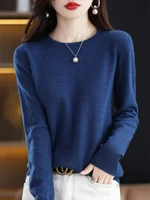 Fashion 100% Merino Wool Women's Sweater O-Neck Long Sleeve Pullover Spring Autumn Winter Basic Jumper Clothing Knitwear Tops - Image 2