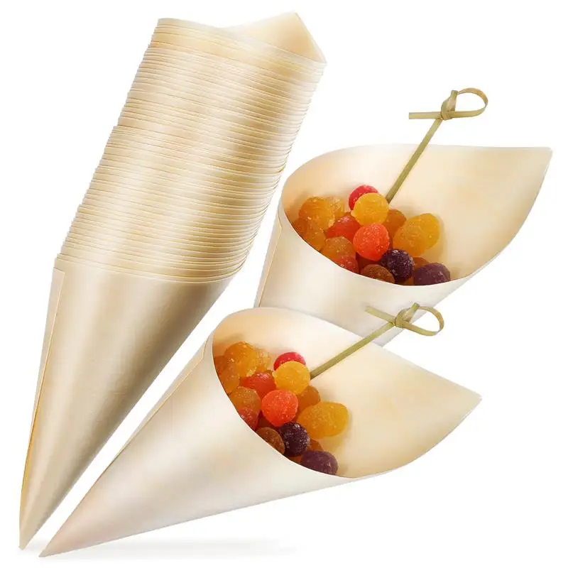 100Pcs Disposable Wood Tasting Cones Small Dessert Cones Paper For Food Cone Packaging Container Wood Plate For Home