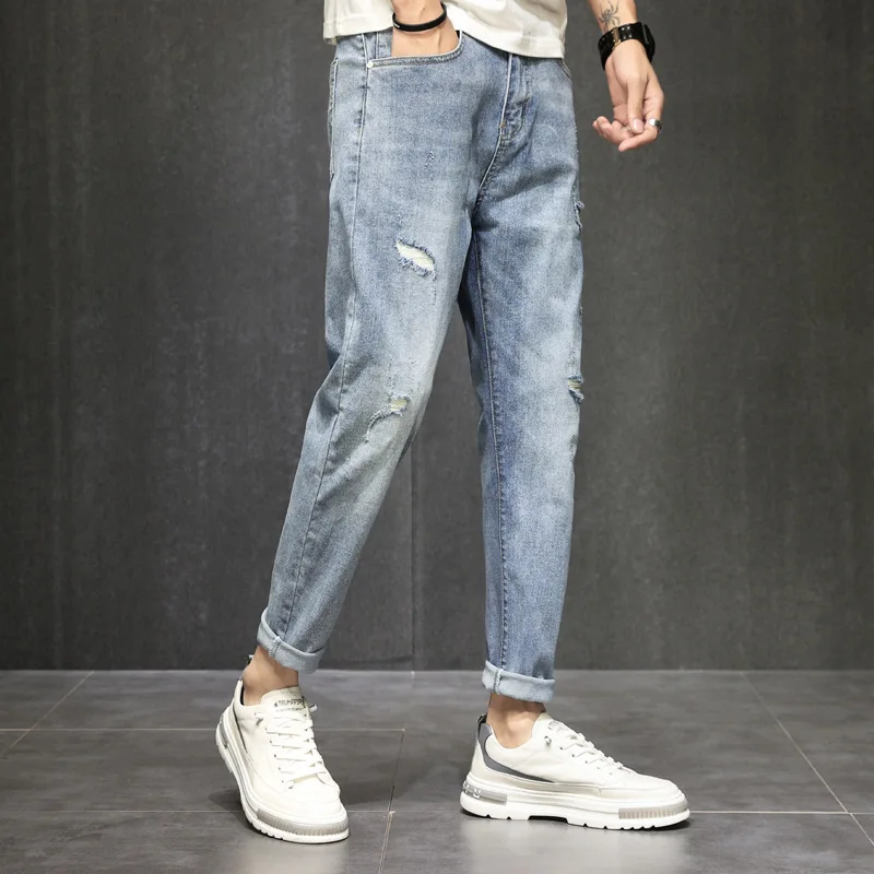 Pierced jeans men's spring and Autumn New Korean fashion small foot nine point pants straight autumn  handsome casual pants