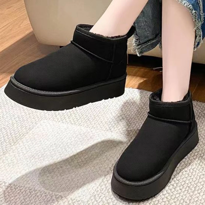 

Женские ботинки без шнуровки, зимние теплые однотонные ботинки из флока на платформе, с круглым носком и плюшевой подкладкой, повседневные водонепроницаемые ботинки для снега, 2023