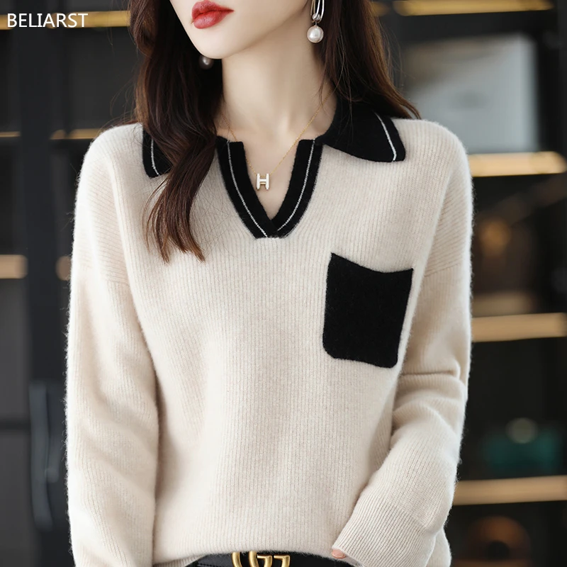 

100% Merino Wool Sweater Women's POLO Collar Colorblock Pullover 2022 Autumn and Winter New Small V Top Casual Knit Loose Jacket