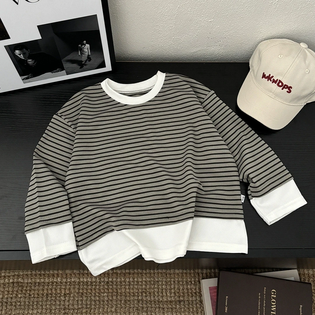 Kids Striped Long Sleeve Sweatshirt, Boys Girls Fake Two Piece Crew Neck Top, Children's Casual Loose Pullover for Spring Autumn