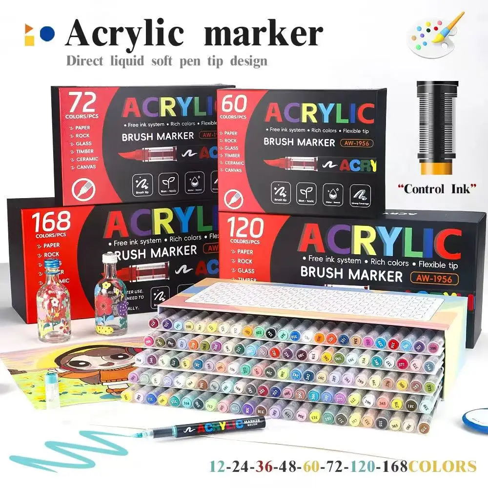 12/168/288 Farben Acryl-Malstift-Set Pinselspitzen-Marker für Steinmalerei Holz Leinwand Stein Weihnachten DIY Basteln