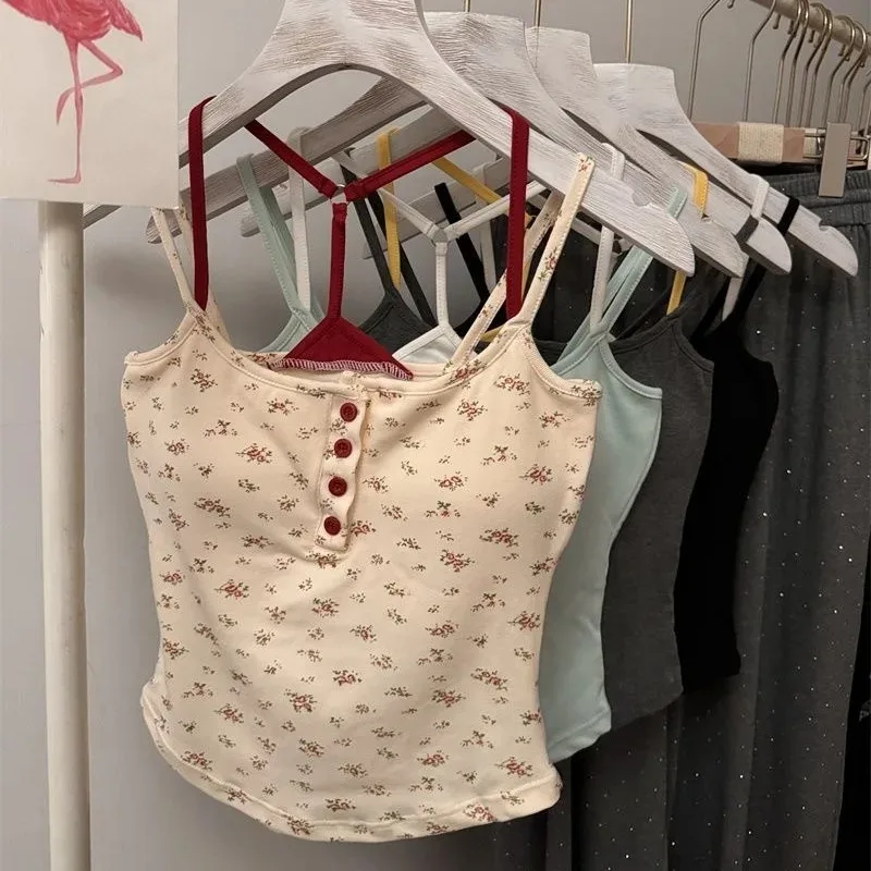 Women's Floral Button Front Bralette Built-in Padded Cups Y2K Summer Beachwear Adjustable Straps Sexy Open Back Outerwear 가터벨