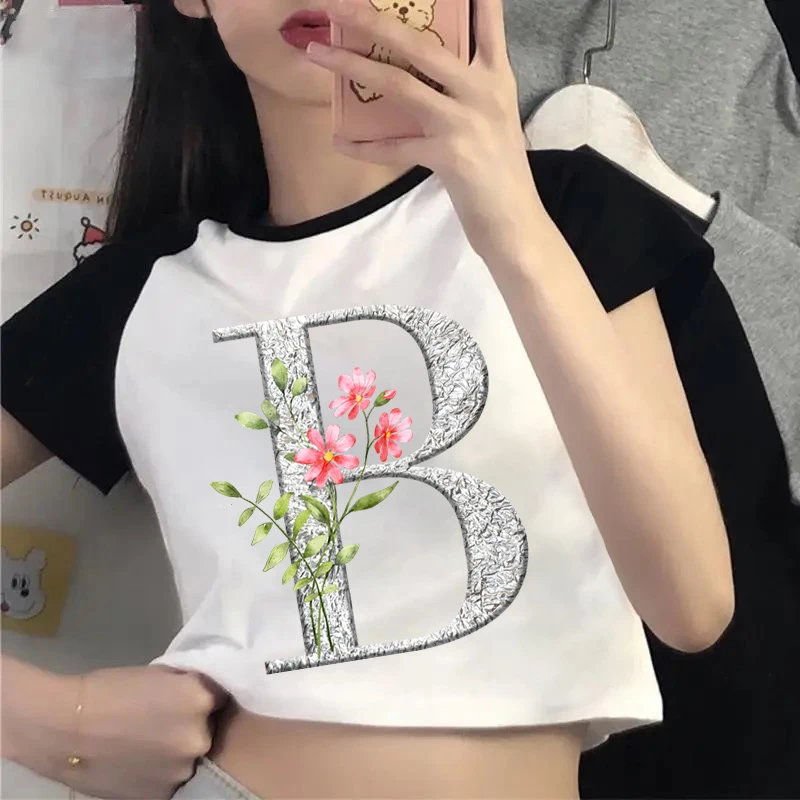 

Crop Top Letter 26 Alphabet T Shirt Women's Y2K Sexy Slim Short Sleeve Tshirt Vintage Flower Print Crop Tee Street Women T-shirt