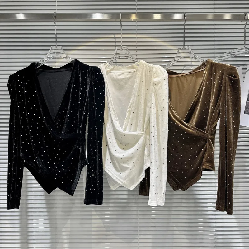 

2024 Autumn New Arrival Long Sleeve V Neck Diamonds Design Slim Waist Velvet Shirt Women GL838