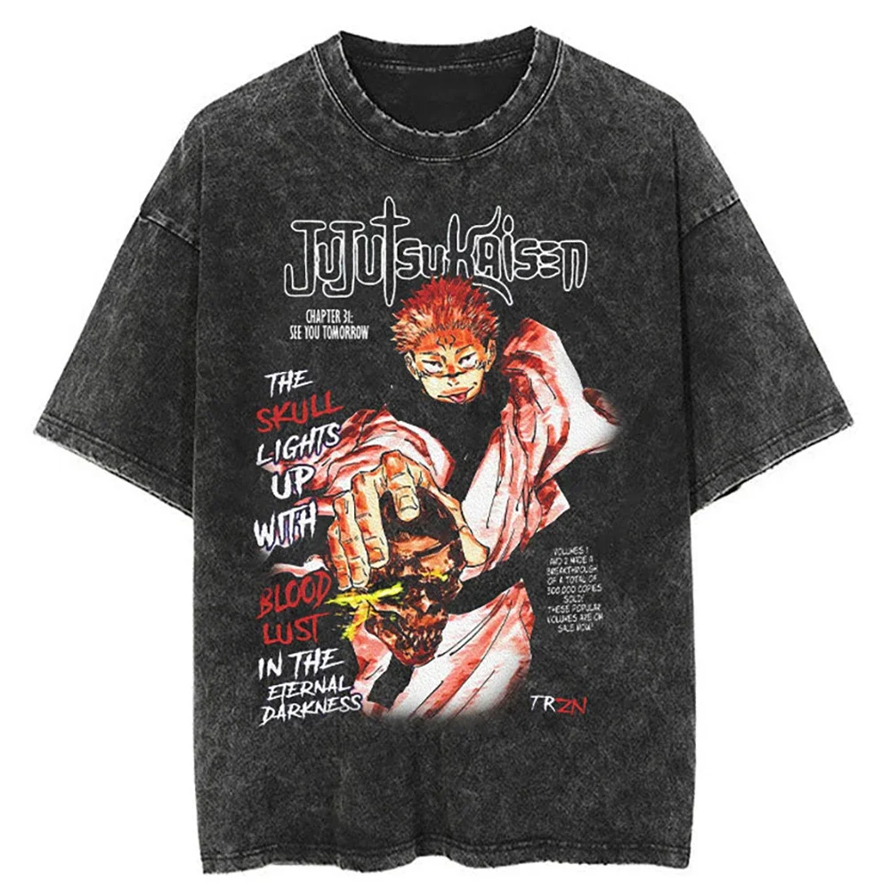 

Новинка 2024, летняя Мужская винтажная промытая футболка, уличная одежда в стиле хип-хоп, футболка с принтом аниме ююютсу кайзен, хлопковая Футболка в стиле Харадзюку, топы, футболка