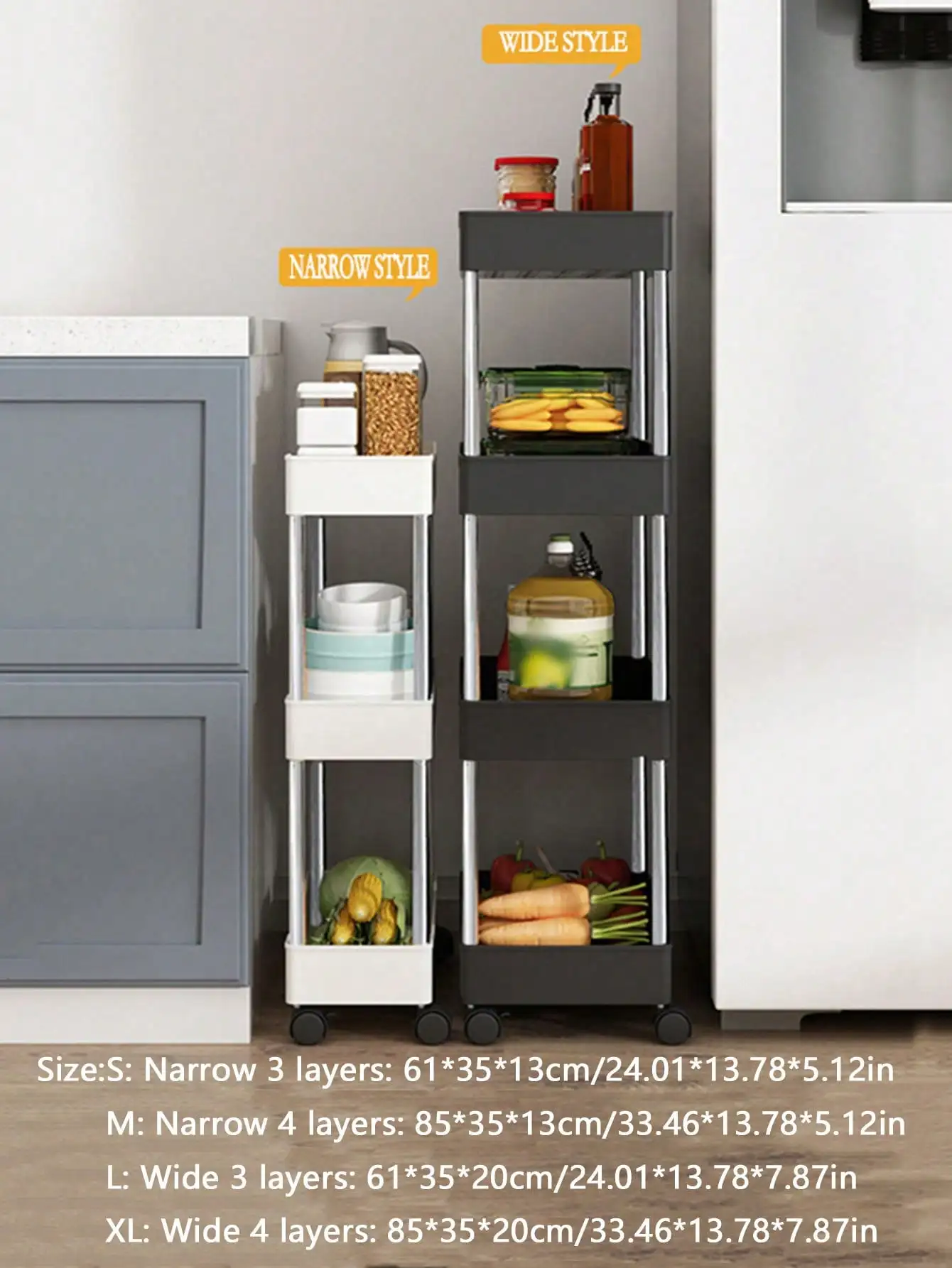 Kitchen Bathroom Storage Rack 3/4 Tier Rolling Cart Shelf 1pc