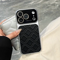 Luxury Large Window Diamond Grid PU Leather Phone Case with Glass Lens Protection Cover - iPhone 15 (Black)