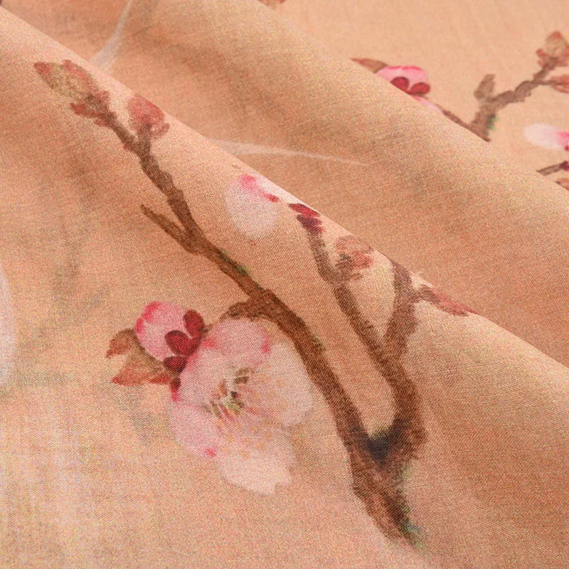 

Ткань ramie с высоким количеством отсчетов для весны и лета, ткань с принтом цветущего персика, ткань с пасторальным цветочным принтом