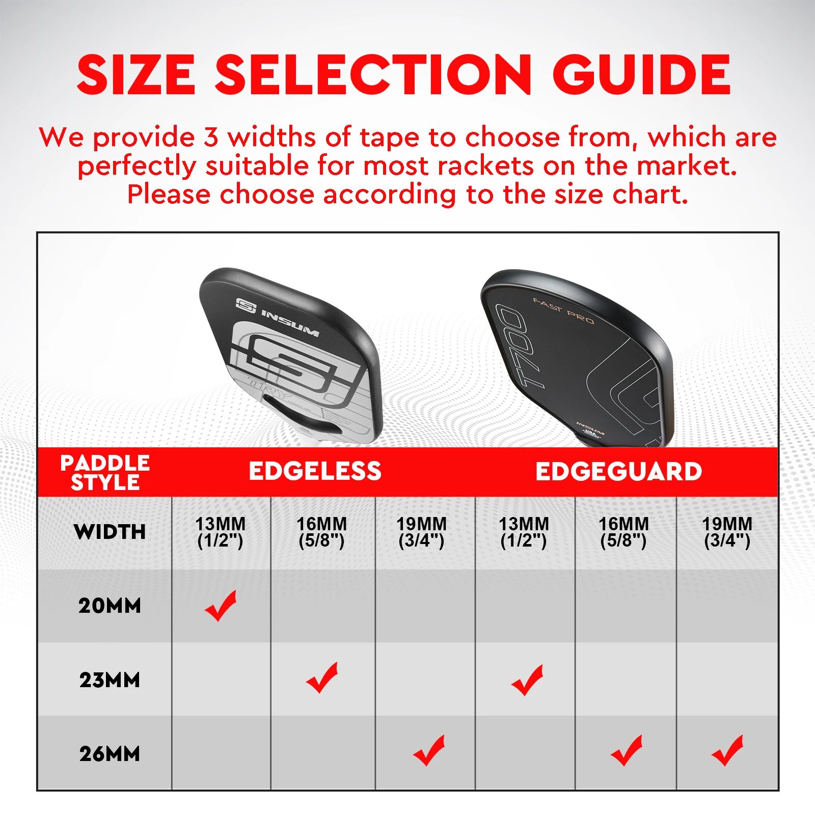 INSUM Pickleball Paddle Protection Tapes Pre-Cut V 20/23/26mm Width Protective Tapes Solid Color for All Thickness Edges