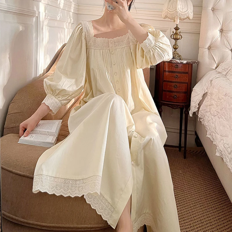 

Three Quarter Sleeve Sweet Women's Night Dress Solid Single Breasted Ladies Nightgown Square Collar Loose Nightdress for Female