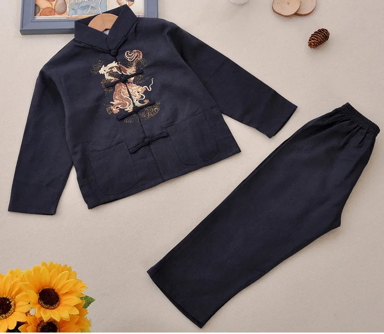 Cotton Linen Children Boy Tang Suit Vintage Embroidery Dragon Kong Fu Clothing Chinese Mandarin Collar Casual 2Pcs Shirt&Pants