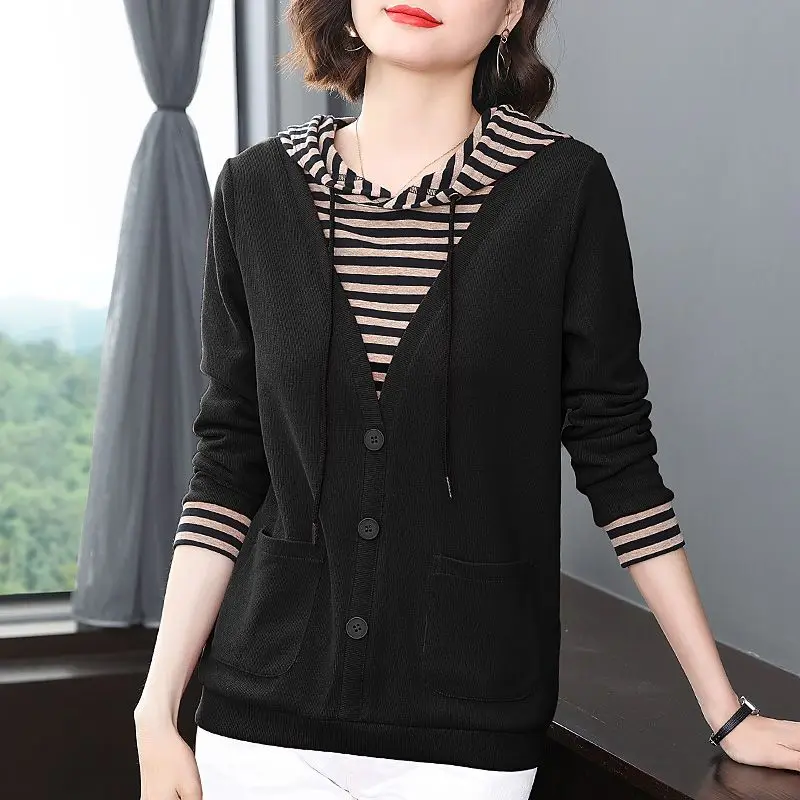 Fake Two Pieces Hooded Sweatshirts Female Clothing Casual Drawstring Spring Autumn Fashion Solid Color Striped Spliced Pullovers