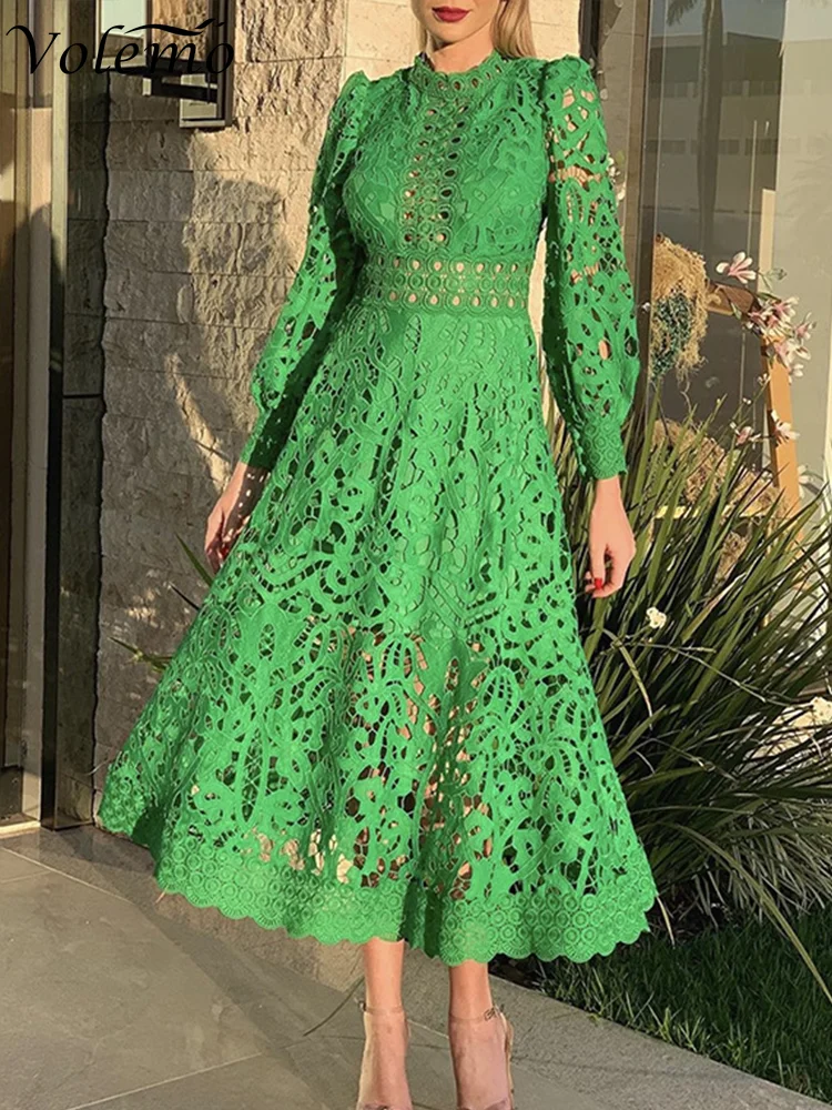 

Женское винтажное платье с воротником-стойкой, однотонное свободное платье с длинным рукавом, высокой талией и вырезами, весеннее платье с кружевной вставкой, Новинка