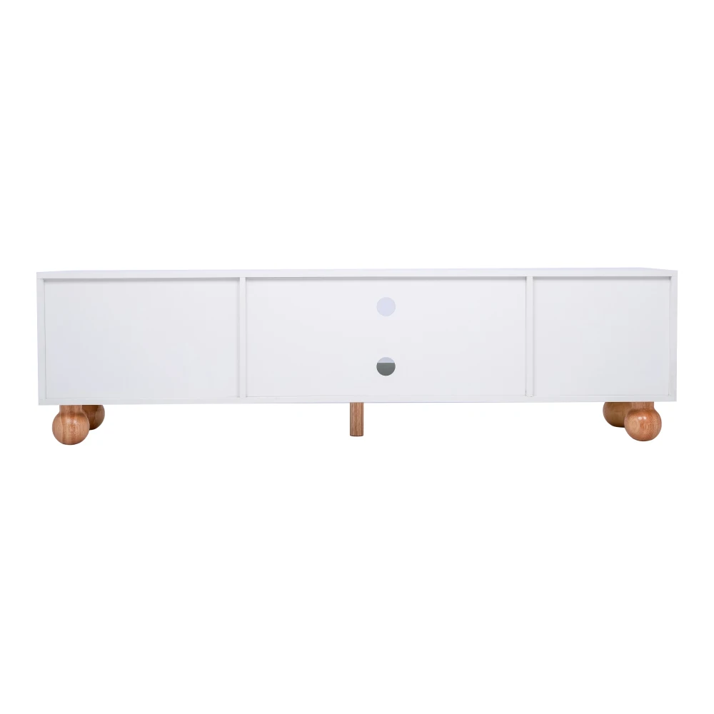 PINGGO Moderner TV-Ständer mit Rattantür, Glasschiebetür, 3 offenen Bögen, Lowboard mit goldenen Griffen, Massivholzfüßen, Wohnzimmermöbel – Detail 16