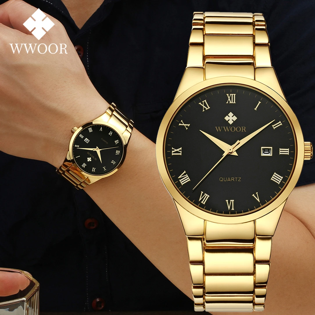 

Luxury Gold Men's Watches WWOOR Watch For Men Fashion Quartz Wristwatch Stainless Steel Waterproof Date Clock Relogio Masculino