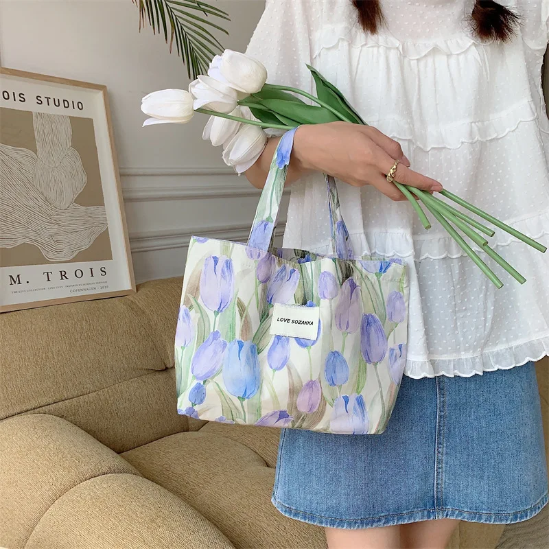 Vintage Flora Ladies Small Shoulder Bag Soft Fabric Women's Tote Bento Bags  Casual Travel Sweet Cute Flower Female Purse Handbag