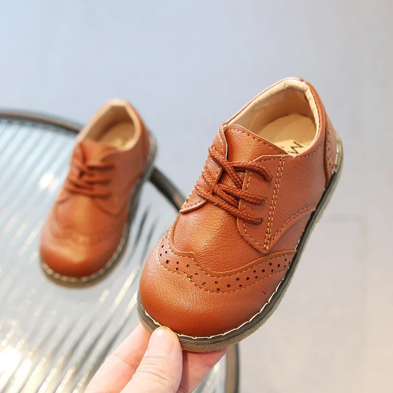 Boys Leather Shoes 2024 Spring Autumn Children Oxfords Brogue Style Casual Shoes Fashion Lace-up Shoes For Boy Brown, Black 6