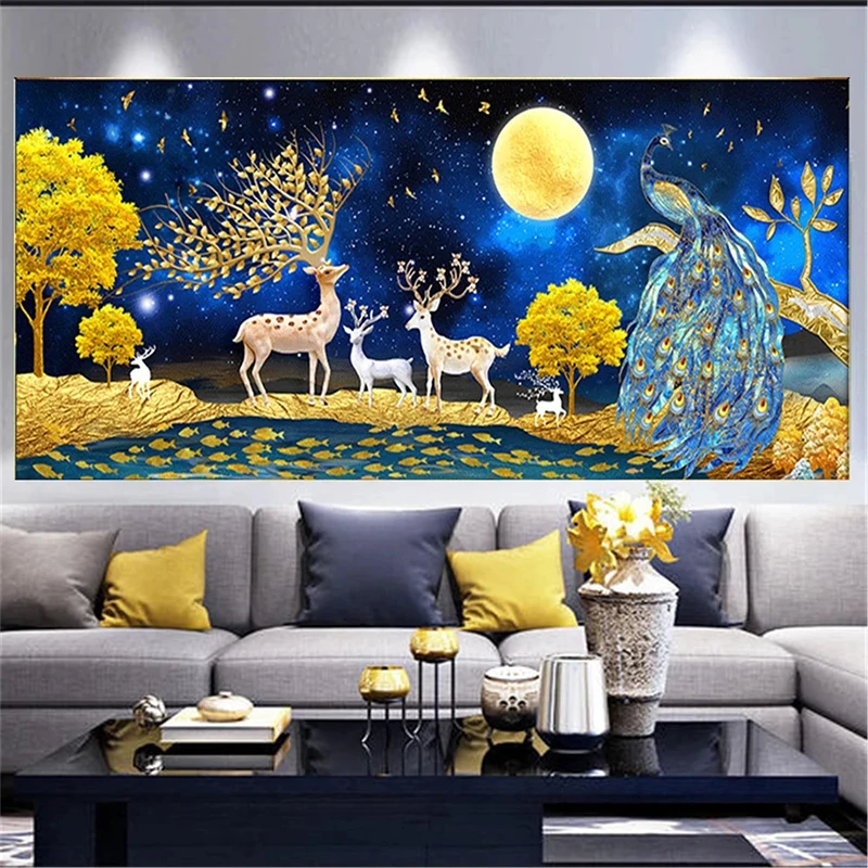 

Elk Peacock 5D Diamond Painting Landscape Full Diamond Embroidery Large Living Room Office Home Decor Diamond Cross Stitch Kits