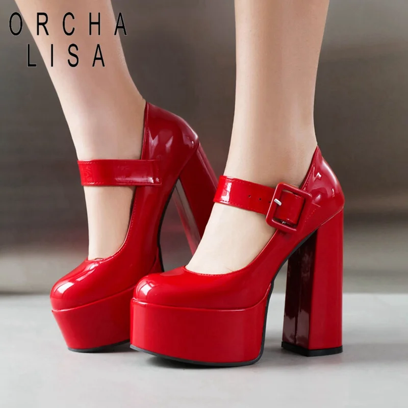 

ORCHA LISA 2024 New Mary Janes Women Pumps Shoes Round Toe 14cm Thick Block Heel 5cm Platform Patent Leather Buckle Big Size 43