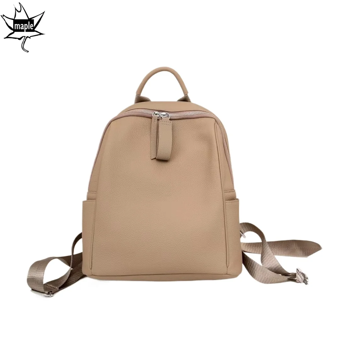 

New Kakhi Color Big Capcaity Stylish Ladies Daypack Full Grain Cow Leather Women's Backpack European and American Lady Knapsack