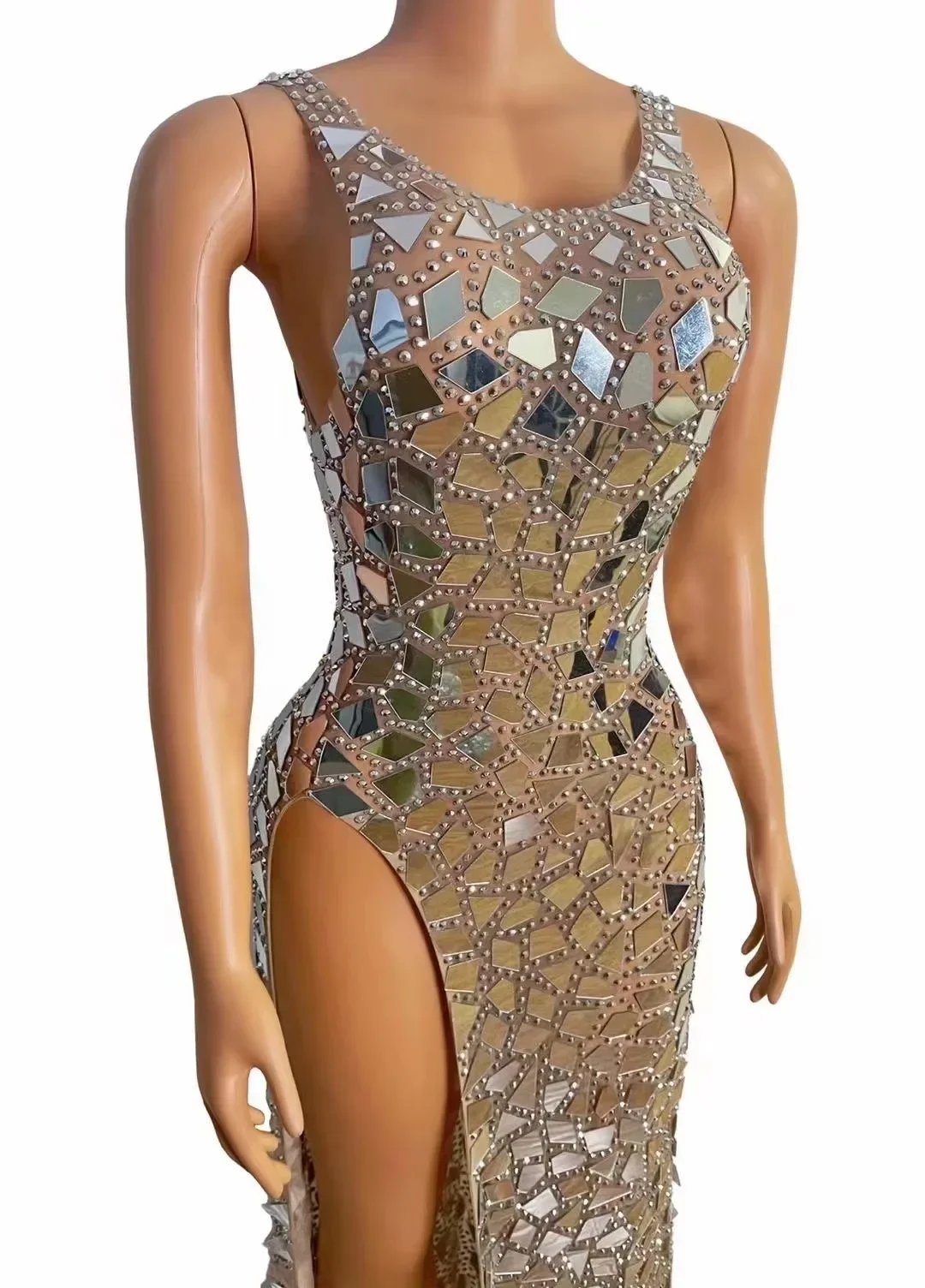 Women Sexy Sparkly Mirror Rhinestone Transparent Split Long Dress Evening Wedding Celebrate Costume Birthday Photography Dress
