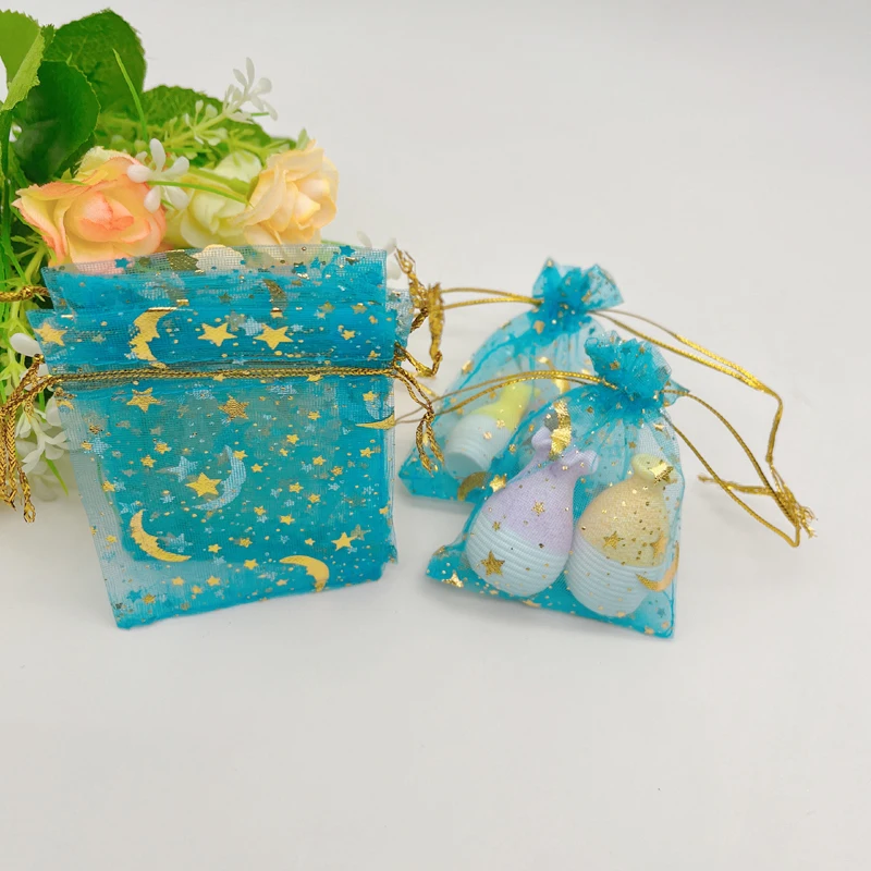 

500pcs Lake Blue Gift Bag Moon Stars Organza Gift Bags Wedding Packaging Jewelry Storage Bags Sachet Bag Small Drawstring Pouch