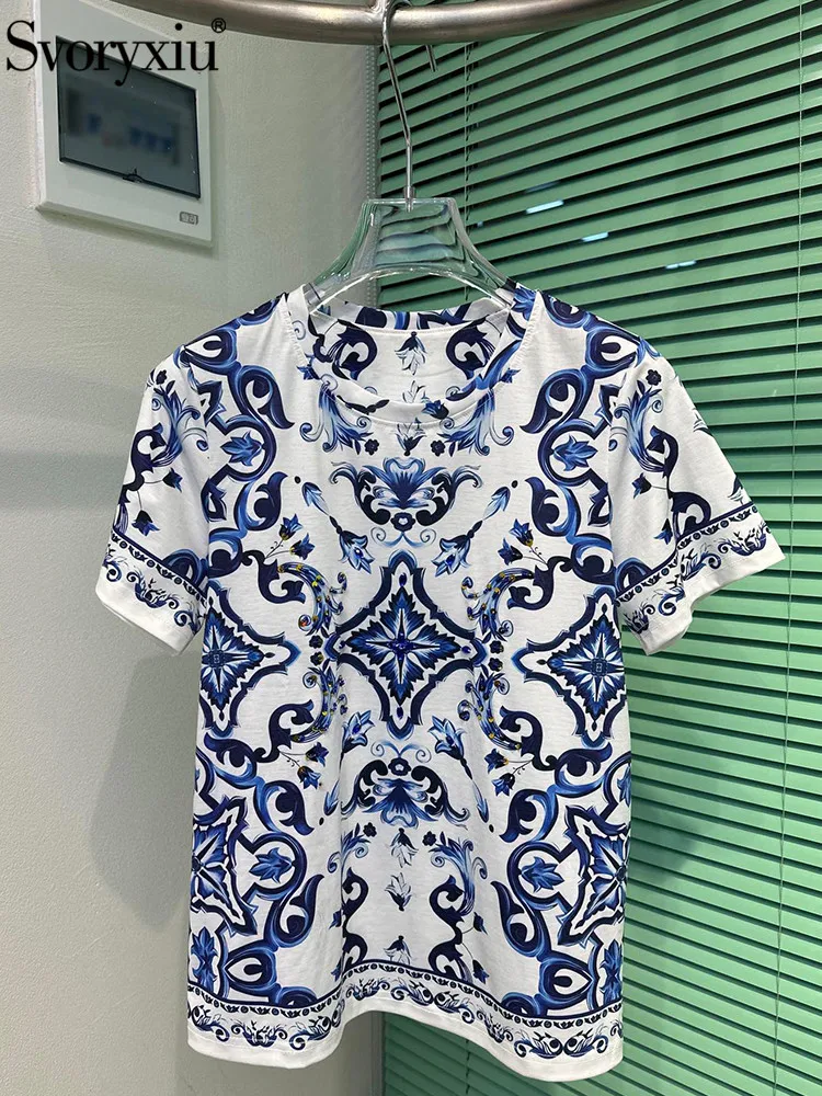 

Svoryxiu New Summer Designer Fashion Vintage Blue And White Porcelain Print T-shirt Tops Women's Short Sleeve Straight T-shirt