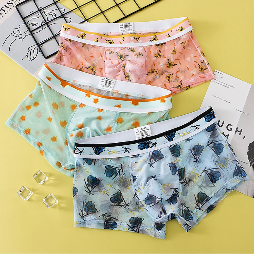 

Floral Print Mens Boxershorts Swimming Trunks Breathable Comfy Ice Silk Boxer Briefs Shorts U Convex Pouch Underpants Underwear