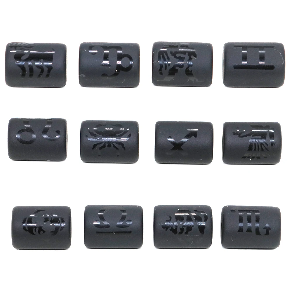 

Matte 12 Constellation Zodiac Charms Loose Beads Black Onyx Constellation Symbol Cylinder For Making Jewelry Bracelets Pendant