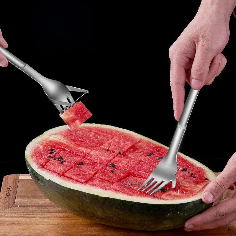 2 In 1 Draagbare Watermeloen Slicer Vork Rvs Multifunctionele Meloen Fruit Divider Cutter Mes Groente Kitchen Tools