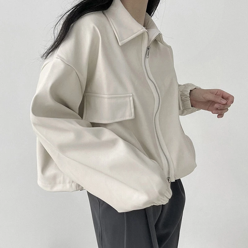 Faux Leather Women's Jacket Spring Autumn 2024 New Fashion Double Zip-up Coats Simple Solid Casual Motorcycle Leather Jacket