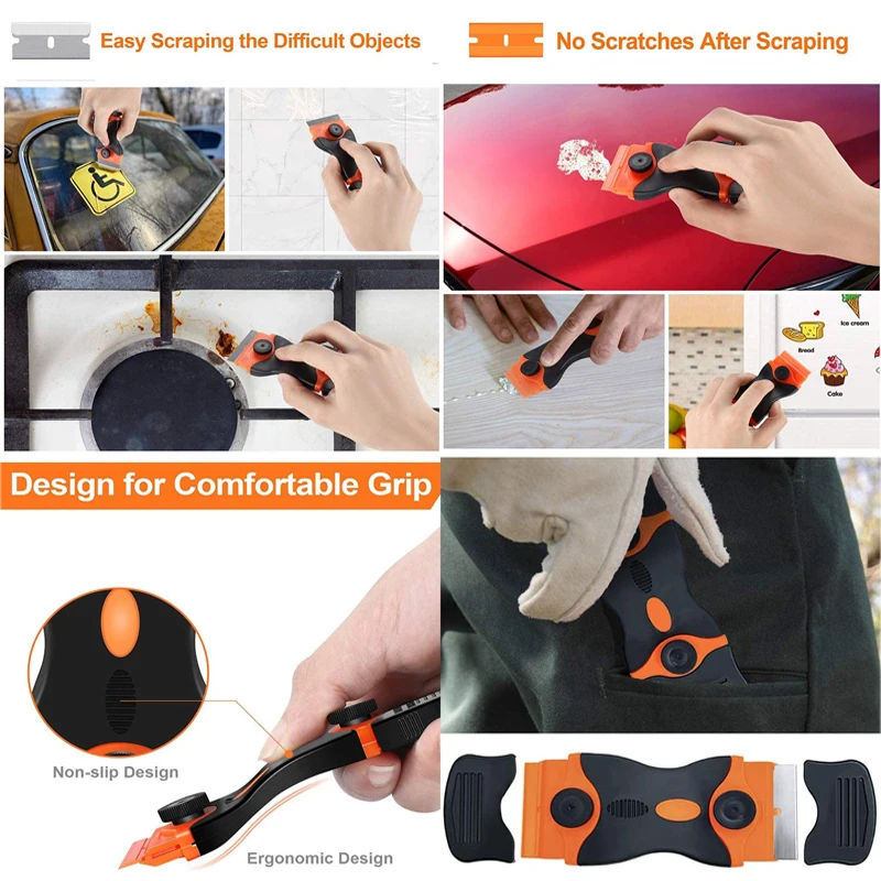 Scraper Tool Double-Sided Scraper Plastic Handle Blade Metal Combination Multifunctional Razor Scraper for Car Window Blade Knife Cleaner