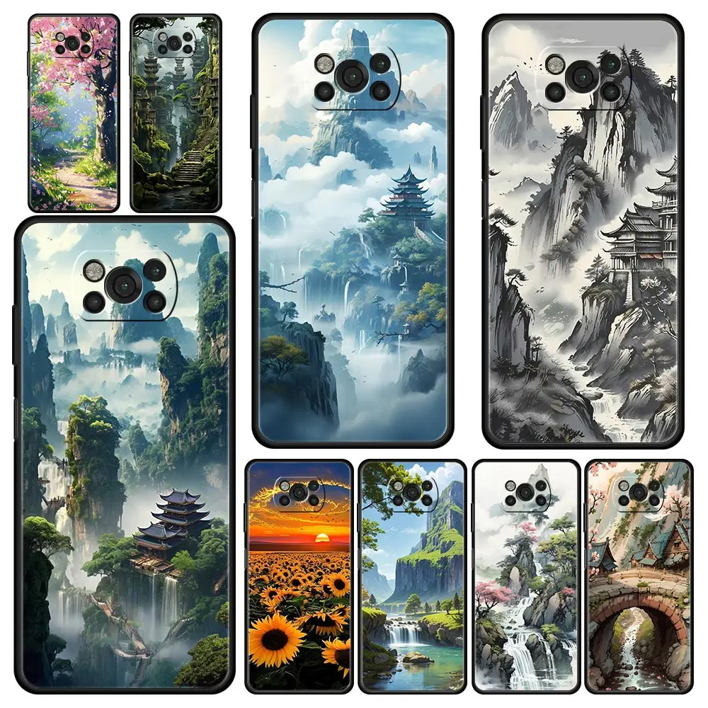Elegant Soft Silicone Black Phone Case with Landscape Art Design