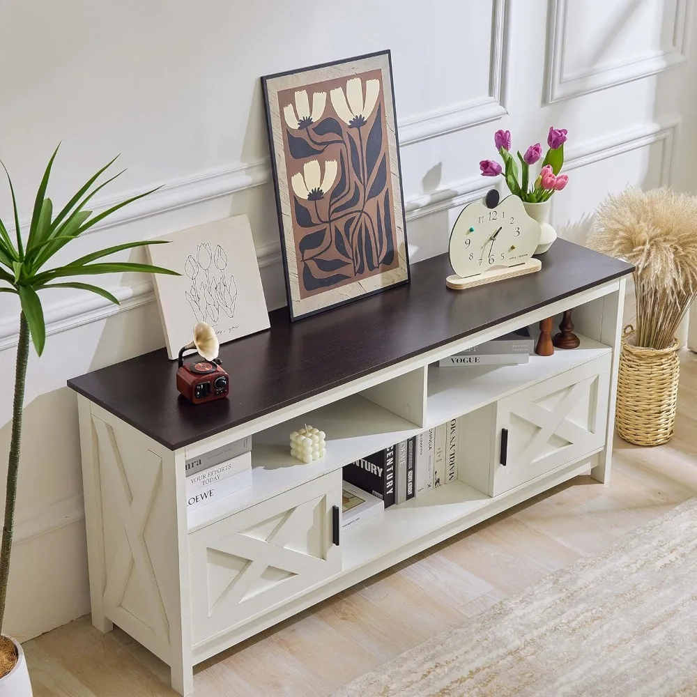 Rustic White Farmhouse TV Stand, Entertainment Center with Power Outlets for TVs up to 65 Inch, Mid Century Modern TV Cabinet, 4