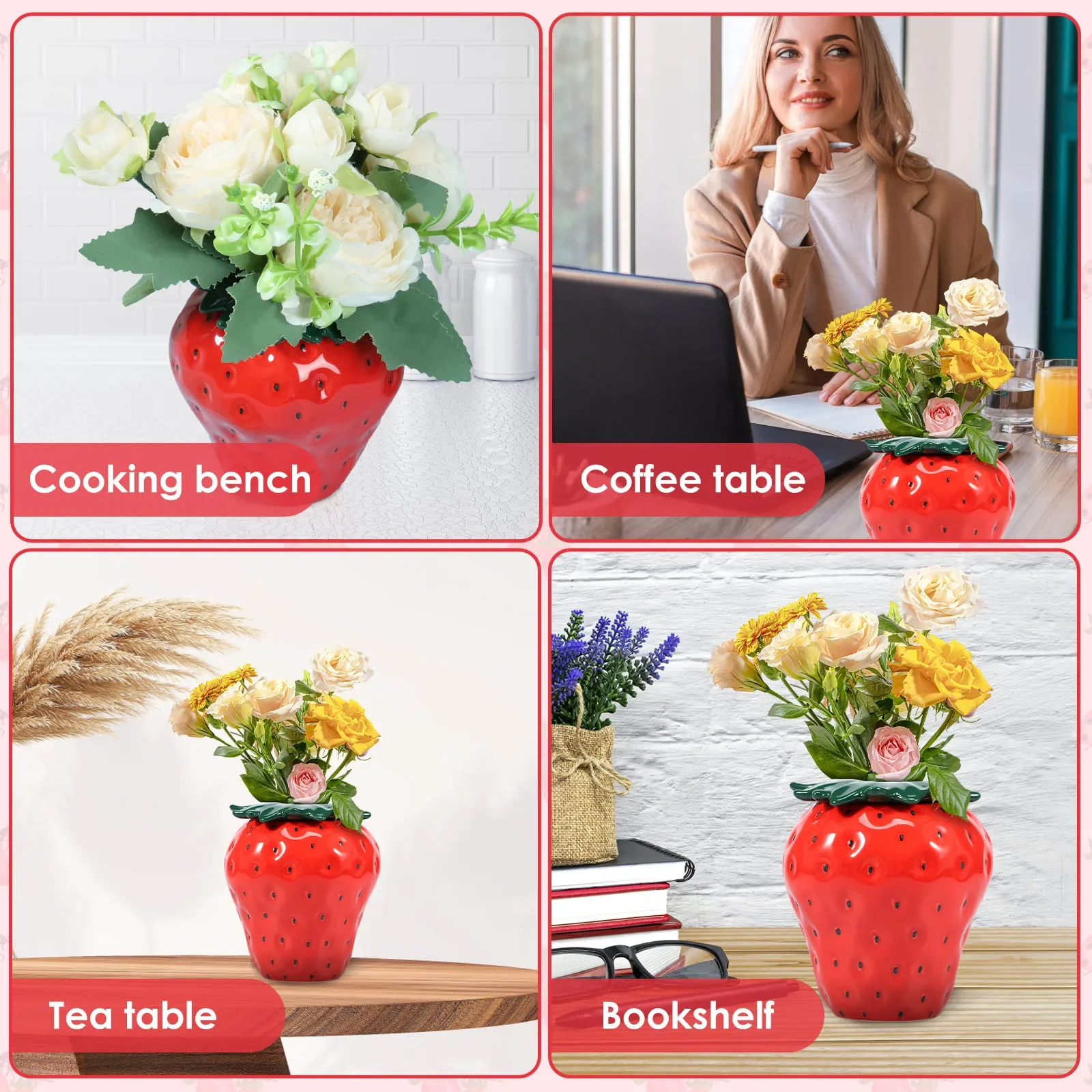 Strawberry Vase Vintage Inspired Strawberry Flower Vase Ceramic Decorative Strawberry Shaped Planter for Home Office Kitchen