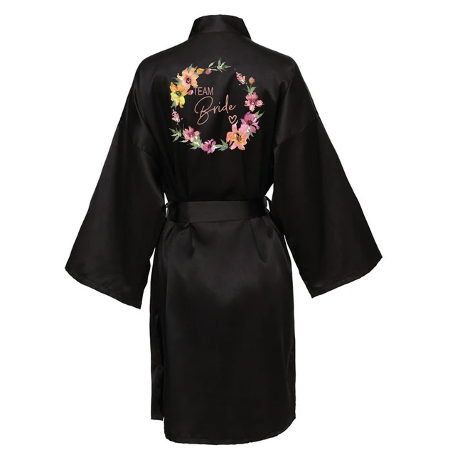 Wedding Party Team Bride Robe With Black Letters Kimono Satin Pajamas Bridesmaid Bathrobe SP003 Black1
