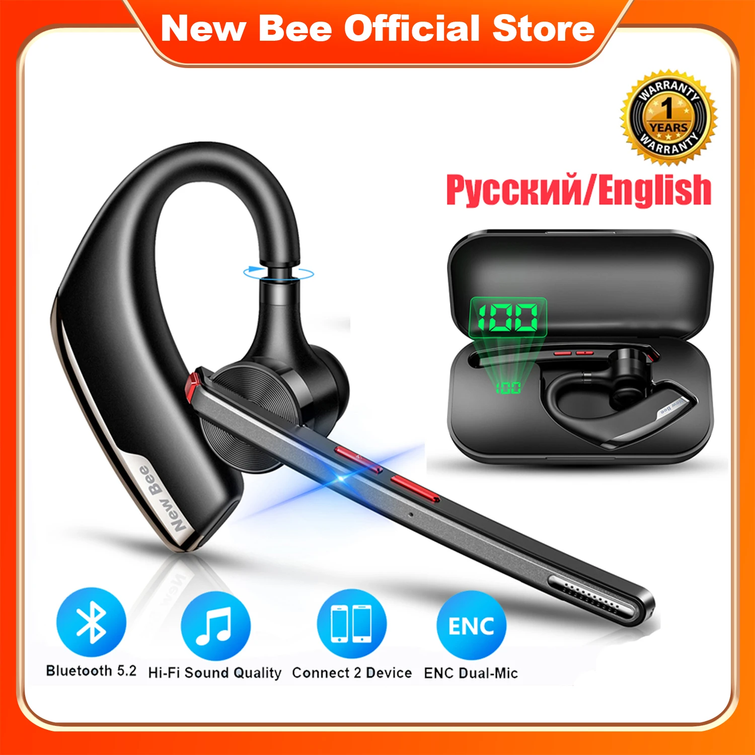 

New Bee M51 Wireless Bluetooth Headset Earphones 5.2 Headphone with Dual-Mic CVC8.0 Noise Cancelling Handsfree Business Earbuds