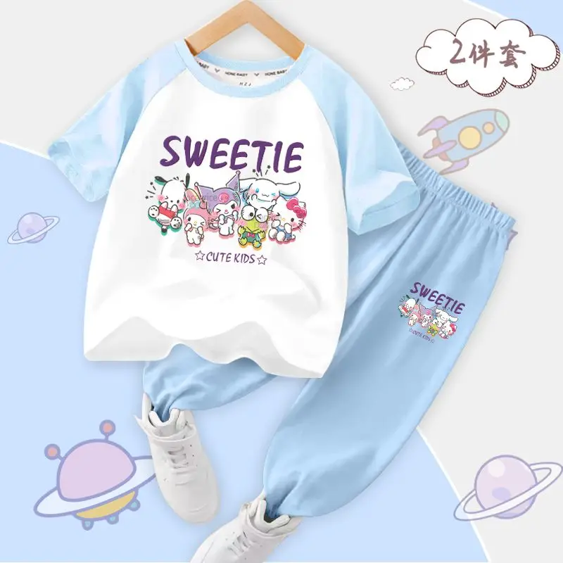 

2024 Kuromi My Melody Cinnamoroll Girls Short Sleeve Set Sanrio Kawaii Anime Summer Sweet Cute Anti-Mosquito Pants Tide Kid Gift