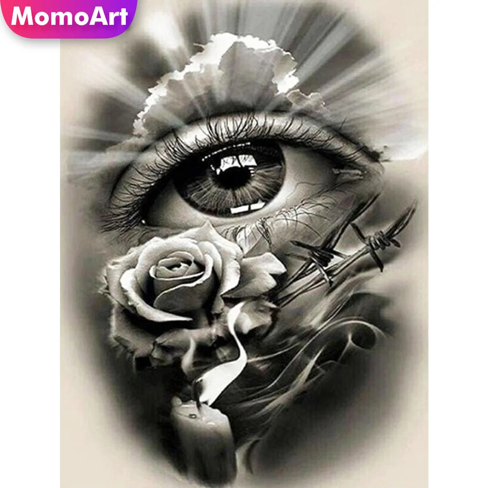 MomoArt Diamond Painting Full Diamond Painting Eye Picture Rhinestone Clock Diamond Embroidery Flower Mosaic Black White Home Decor