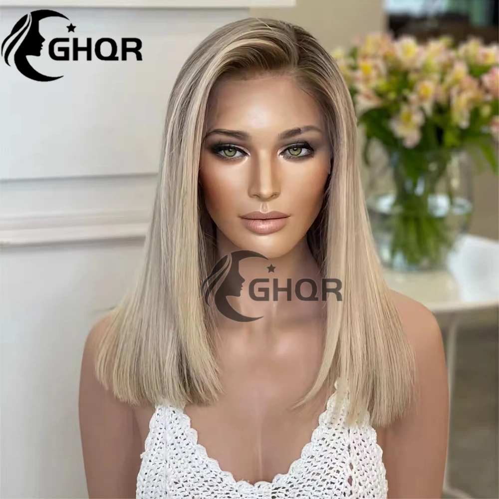 Highlight human hair Bob Wigs Glueless Ash Blonde 13x4 Lace Front Wig Straight Human Hair Wig Transparent Swiss Lace Ombre Color