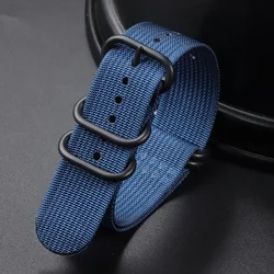 Nylon Braided Watch Bands with 5 - Ring Buckle - Woven Canvas Strap Replacement - 22mm (Blue - Black)