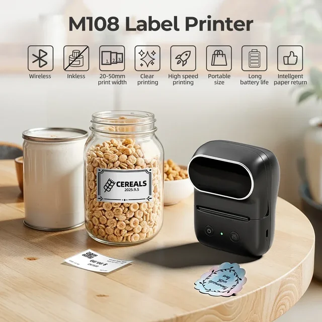 Thermal Label Printer Phomemo M108 Wireless Bluetooth Label Maker Printing Width 20-50mm Home School Office Similar as B1 B21 2