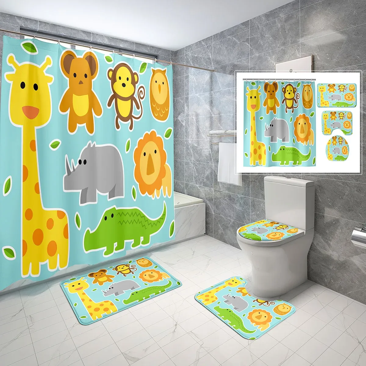 

4 Pcs Cartoon Animals Shower Curtain Sets with Non-Slip Rugs Mat Toilet Lid Child Cute Style Waterproof Shower Curtain Set